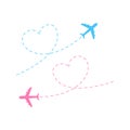 Airplane route vector illustration. Blue and pink flying planes icon set Royalty Free Stock Photo
